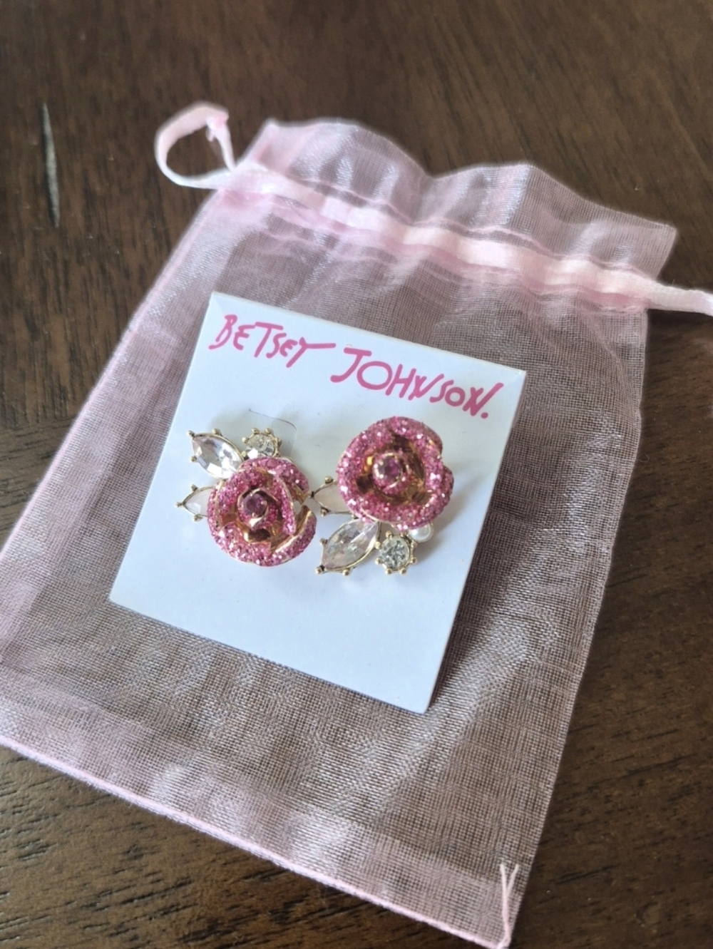 Betsey Johnson Glitter Rose Mismatch Stud Earrings with Clear Crystal Accents